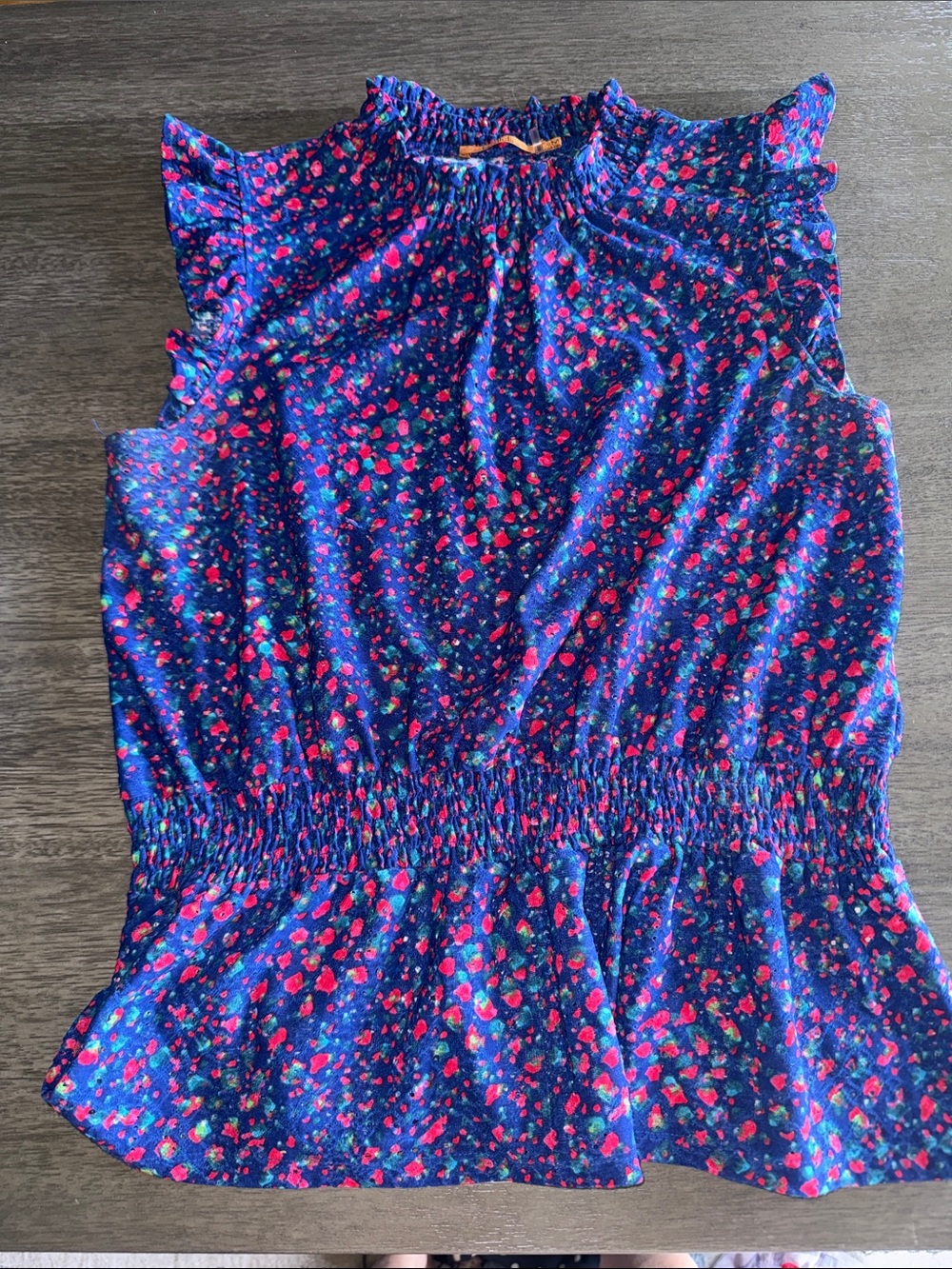 Belldini Navy Floral Ruffled Smocked Neck Blouse